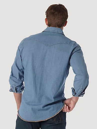 WRANGLER COWBOY CUT DENIM SNAP LONG SLEEVE WORK SHIRT