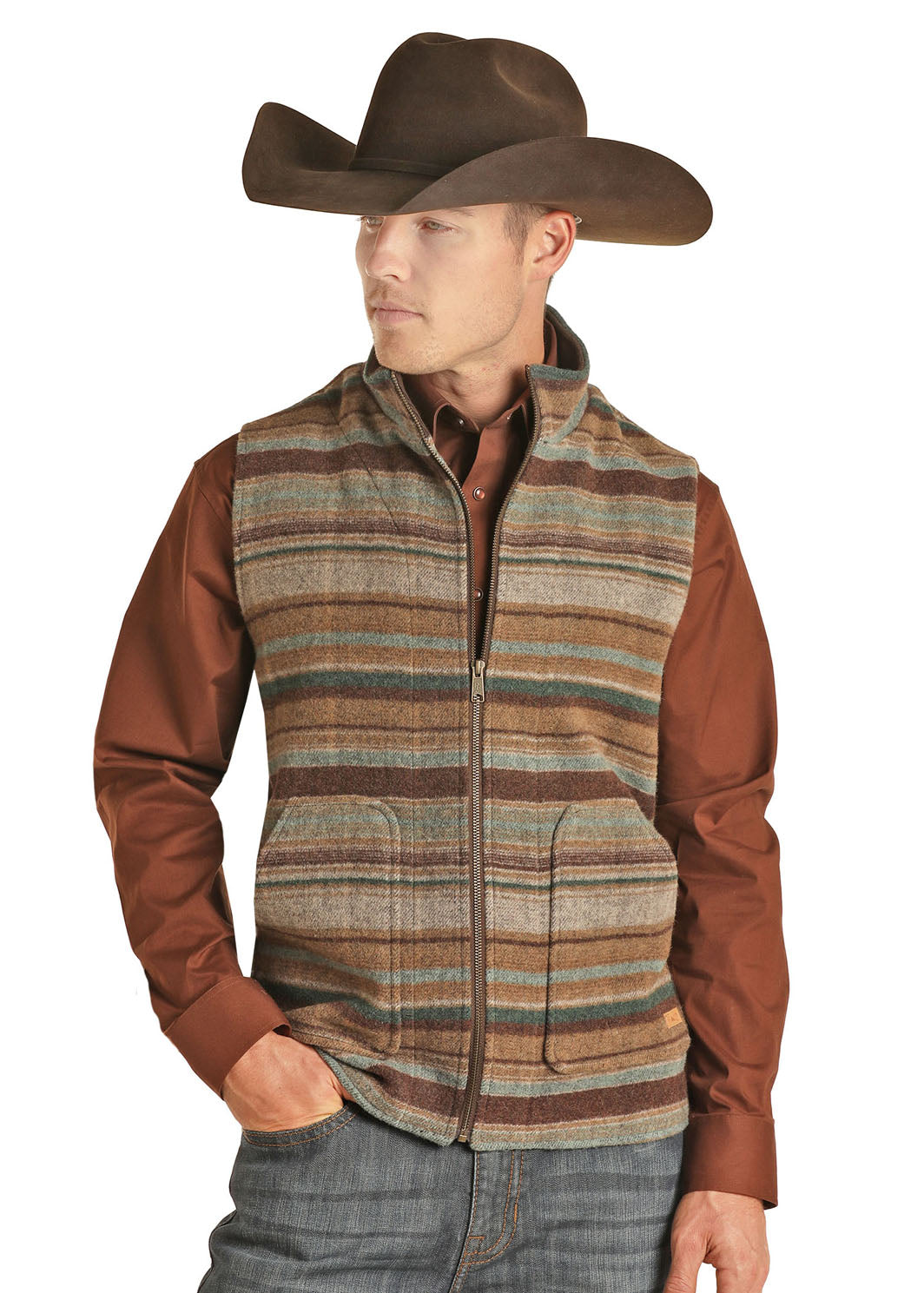 ROCK & ROLL HEATHERED SERAPE STRIPED BROWN WOOL VEST