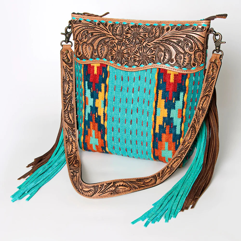 AMERICAN DARLING TURQUOISE TOOLED AZTEC PURSE