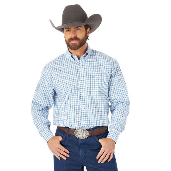 WRANGLER GEORGE STRAIT LIGHT BLUE PLAID LONG SLEEVE SHIRT