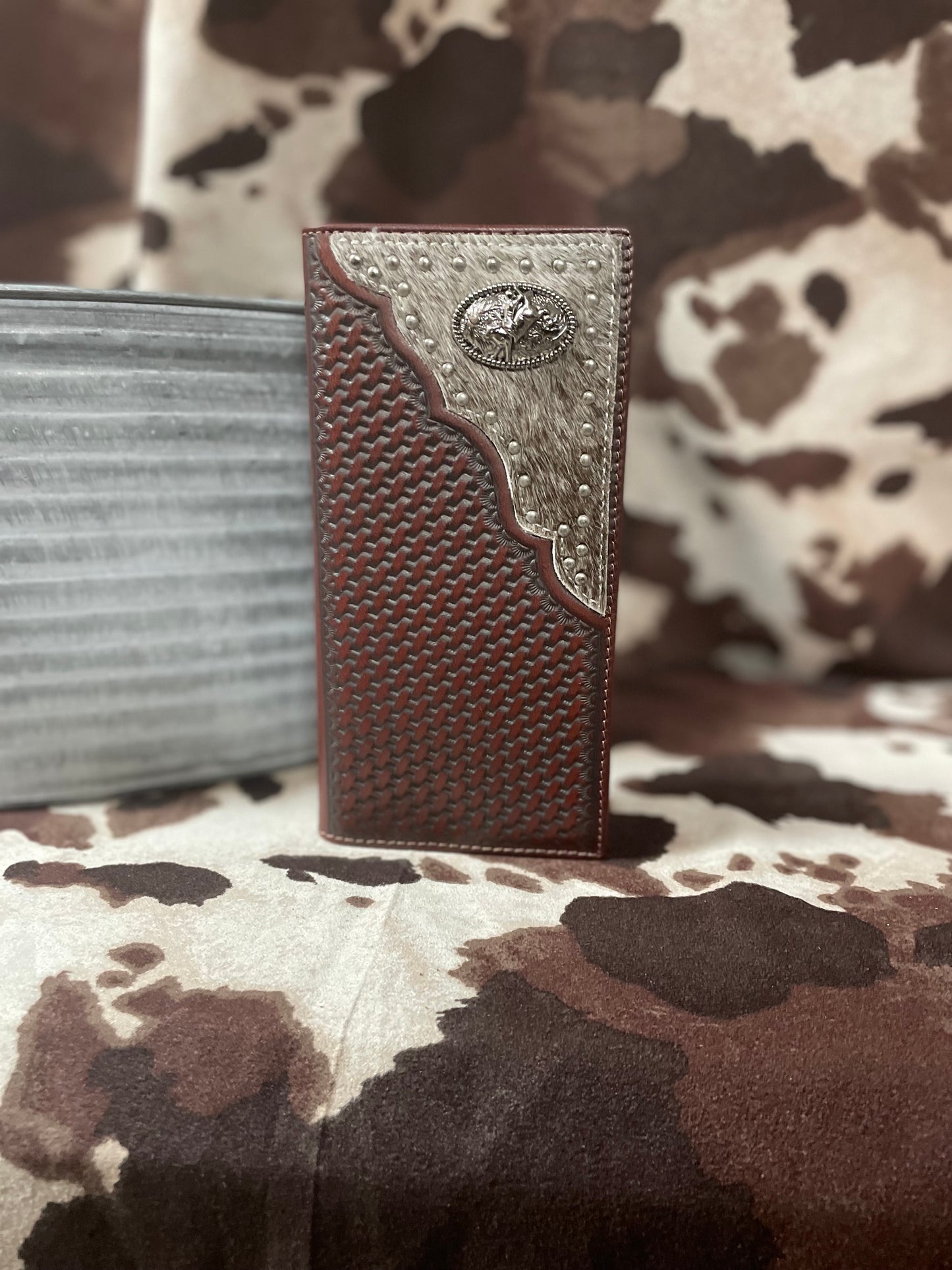 Brown Hairon/ Basket weave with Bullrider Concho Wallet