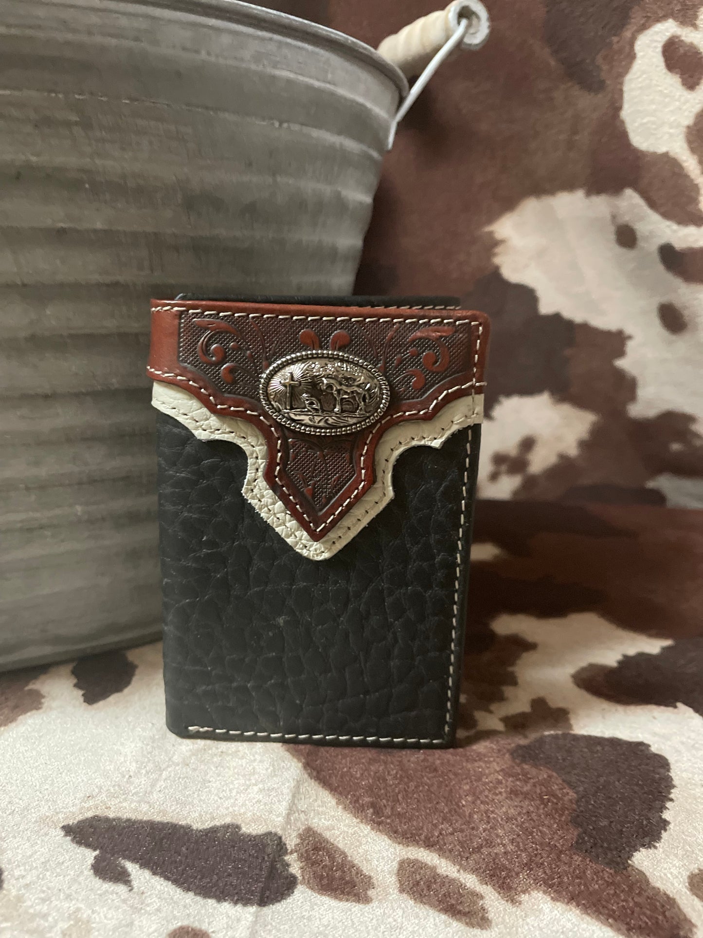Black Pebbled Leather with Praying Cowboy Concho Tri-Fold Wallet