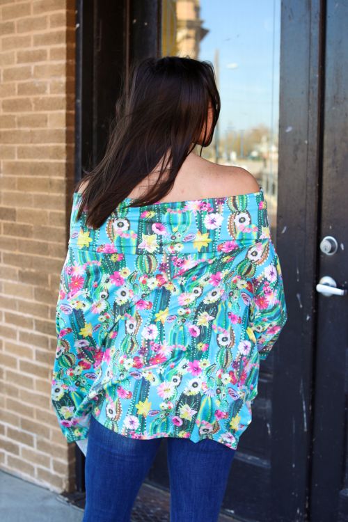 JADE FLORAL CACTUS DRAPED LOW SHOULDER TOP