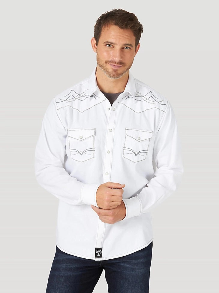 WRANGLER ROCK 47 WHITE EMBROIDERED YOKE LONG SLEEVE SNAP SHIRT