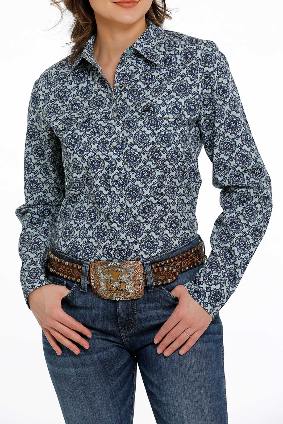 Cinch Ladies Mint & Blue Geo Flower Print Shirt