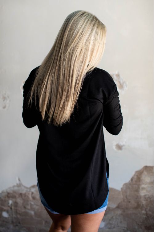 BLACK LONG SLEEVE DROP SHOULDER SIDE SLIT HI LOW PULLOVER