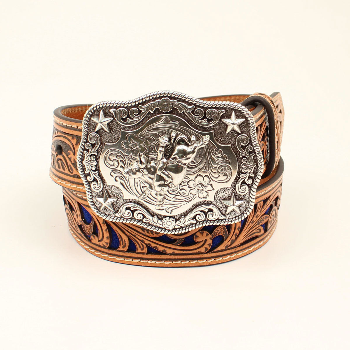 Nocona Boy's Brown Embossed Pierced Blue Belt