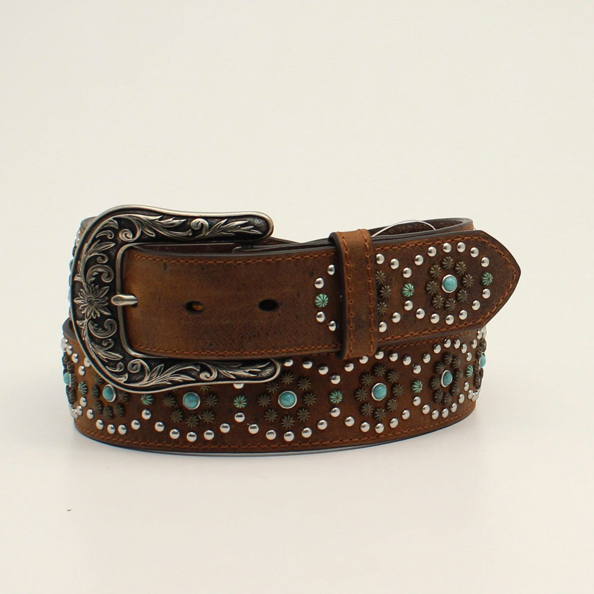 Circle Studs Turquoise Stones Brown Belt