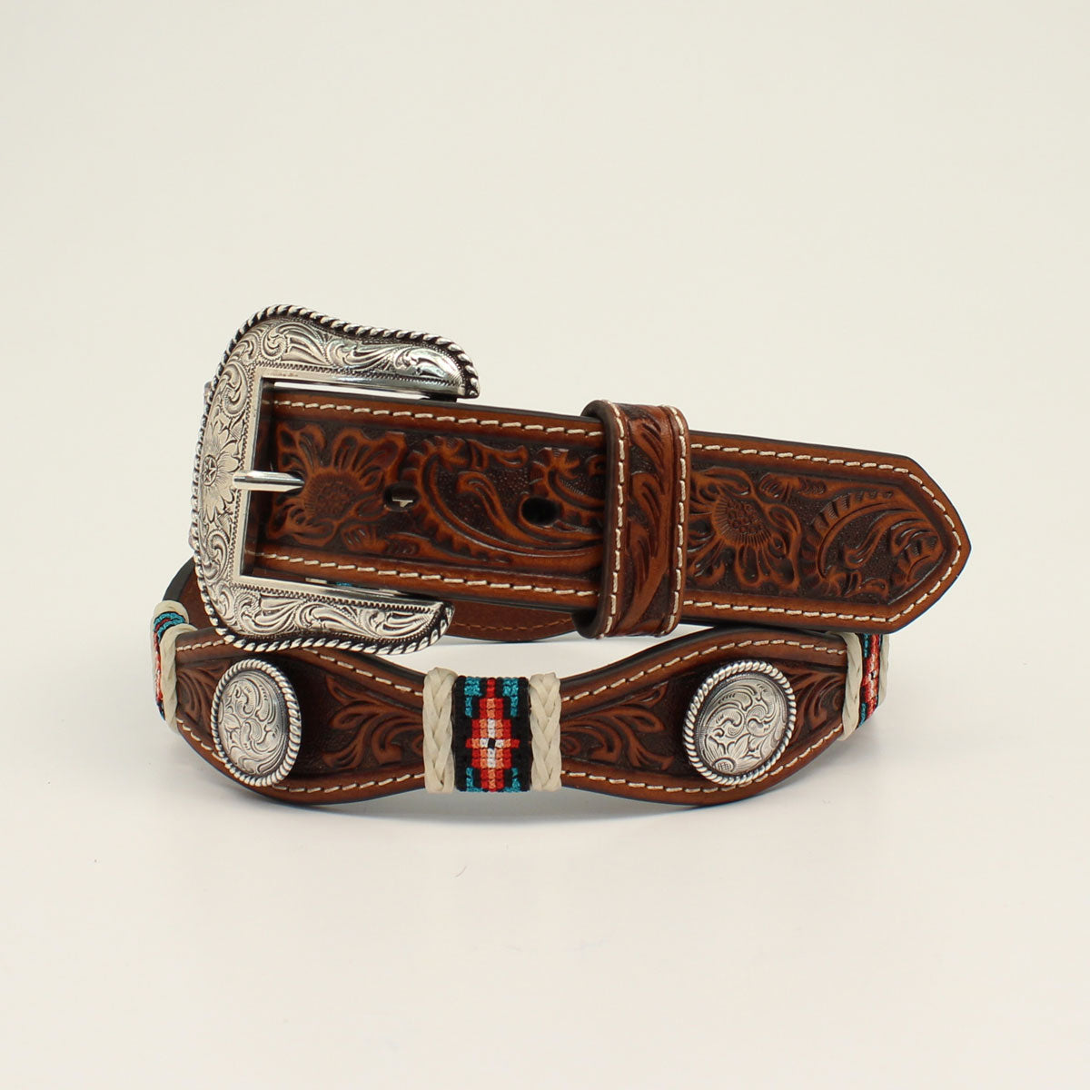 Nocona Tan Floral Embossed Round Concho Belt