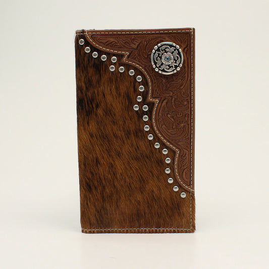 NOCONA CALF HAIR FLORAL TOOLED ROUND CONCHO BROWN WALLET