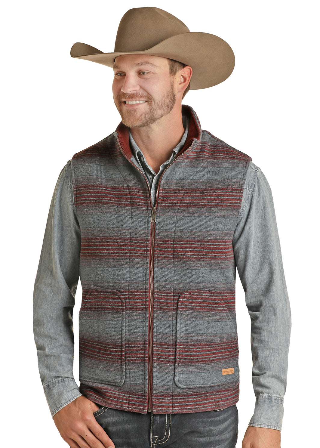 PANHANDLE MAROON HEATHERD BLUE SERAPE WOOL VEST