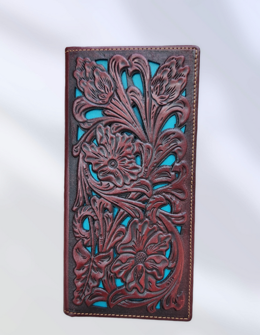 TOP KNOTCH BROWN FLORAL WALLET WITH TURQUOISE INLAY