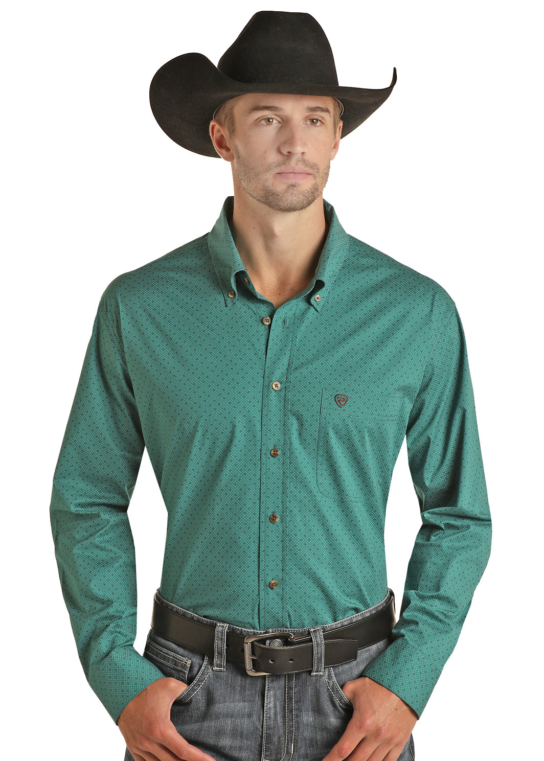 PANHANDLE MEN'S TEAL/BROWN POPLIN PRINT SHIRT