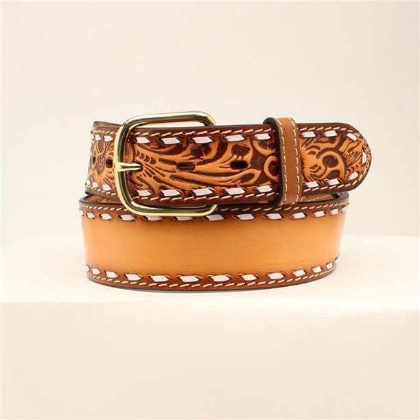 3D Men's Natural Floral Embossed Leather Belt