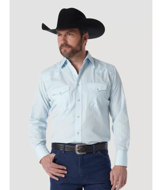 Wrangler Blue Dobby Stripe Snap Long Sleeve Shirt