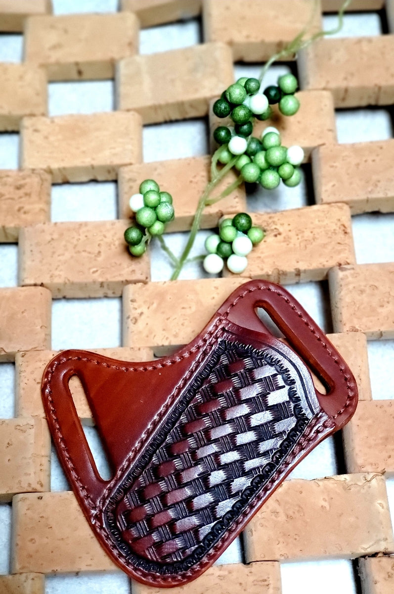 BASKETWEAVE SIDEWAYS BELT LEATHER KNIFE SHEATH