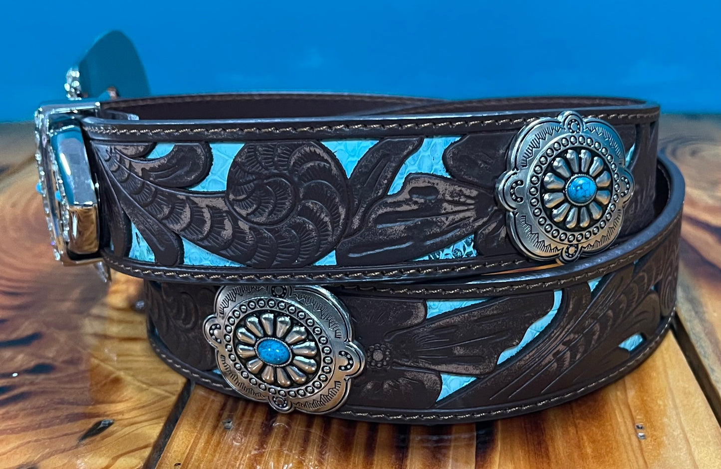 Embossed Concho Leather Belt