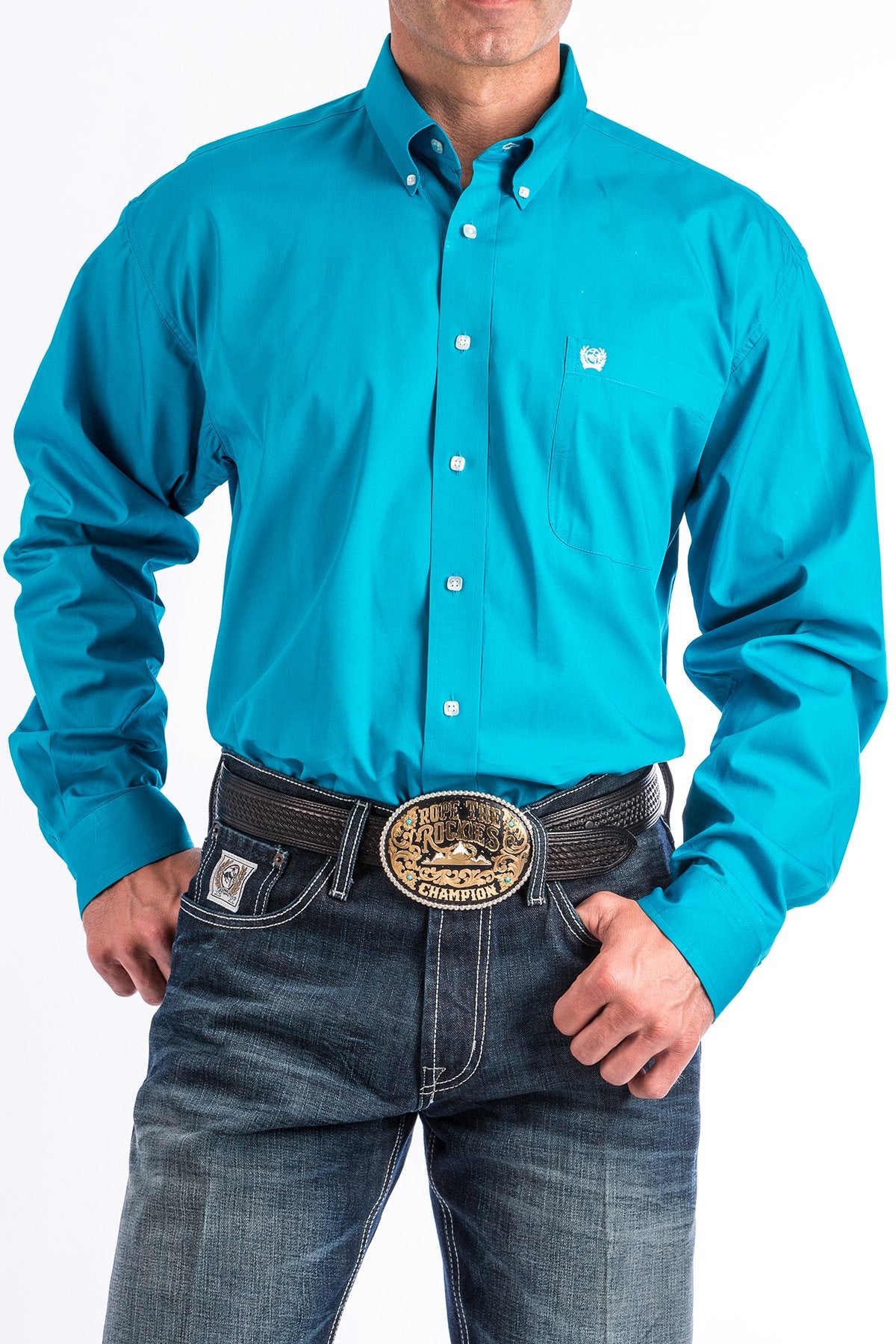 Cinch Solid Turquoise Button Down Shirt