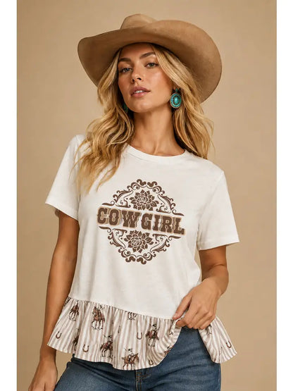Cowgirl Graphic Striped Peplum Top