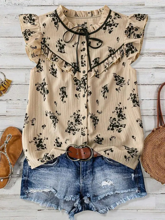 Rustic Boho Ruffles Detailed Ditsy Floral Tie Neck Top