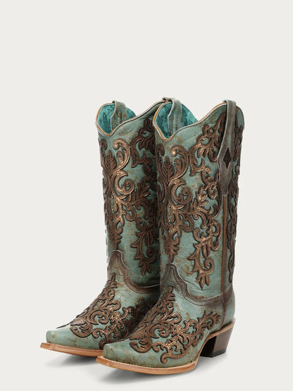 Corral Gold Overlay & Embroidery Turquoise Snip Toe Cowboy Boot