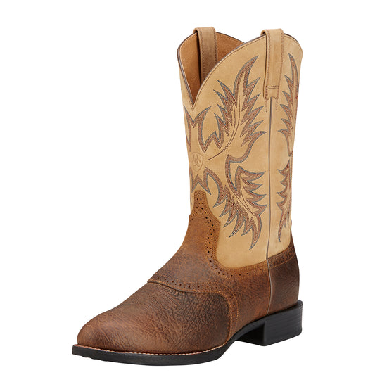 ARIAT HERITAGE STOCKMAN TUMBLED BROWN/BEIGE ROUND TOE BOOT