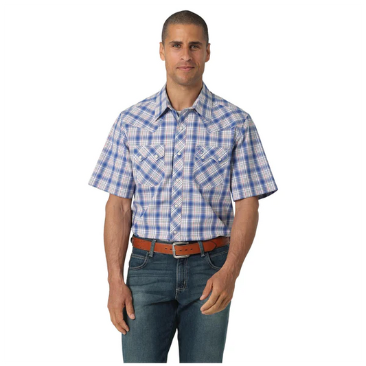 Wrangler Men's Retro Short Sleeve Western Snap Shirt - Blue Plaid
