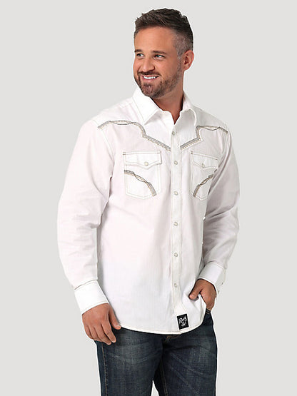 WRANGLER ROCK 47 SNOWY WHITE LONG SLEEVE EMBROIDERED YOKE SNAP SHIRT