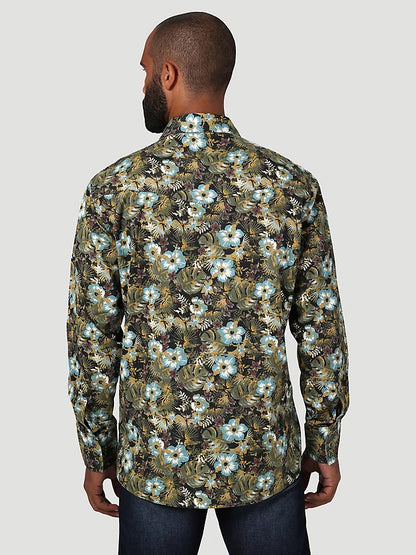 WRANGLER WAY OUT WEST WESTERN SNAP SHIRT IN MONSTERA GREEN