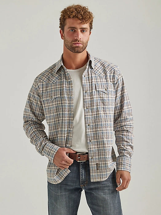 WRANGLER RETRO PREMIUM LONG SLEEVE SNAP PLAID GREIGE HAZE SHIRT