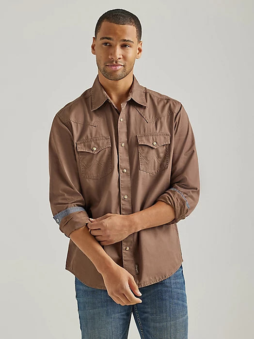 WRANGLER RETRO PREMIUM LONG SLEEVE CAMEL BROWN SNAP SHIRT