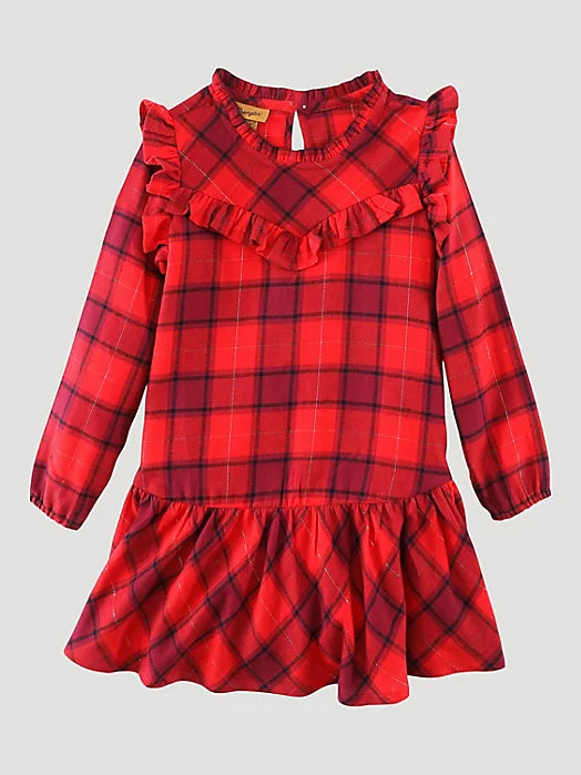 WRANGLER RED RUFFLE YOKE DROP WAIST FLANNEL DRESS