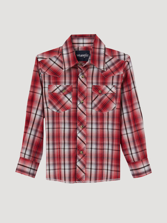 WRANGLER BOYS RED PLAID LONG SLEEVE SNAP SHIRT