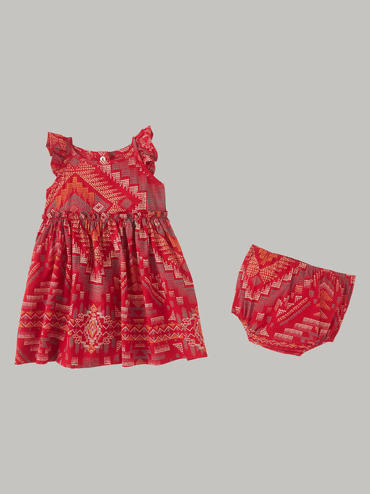 WRANGLER LITTLE GIRL'S RED SOUTHWESTERN RUFFLE STRAP DRESS