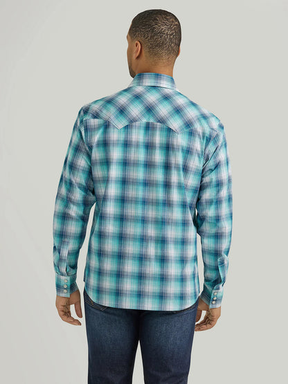 Wrangler Retro Turquoise Blue Long Sleeve Sawtooth Snap Pocket Western Shirt