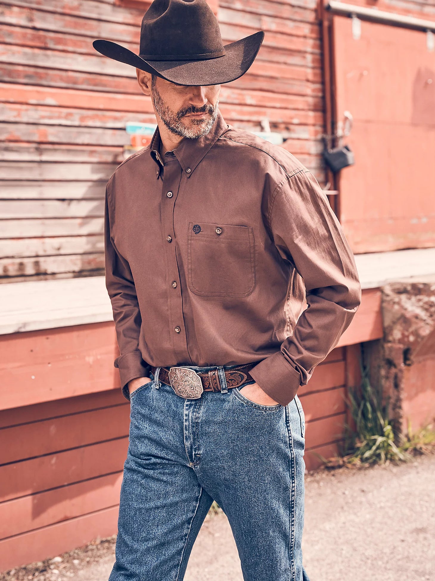 Wrangler George Strait Brown Chocolate Long Sleeve Button Down One Poc – Corral Western Wear