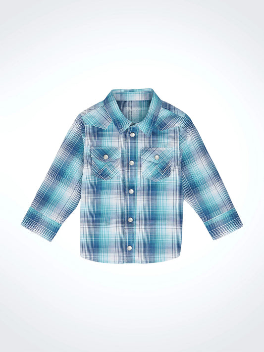 Wrangler Little Boy Long Sleeve Snap Turquoise Plaid Shirt