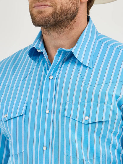 Wrinkle Resist Steely Blue Long Sleeve Western Snap Stripe Shirt