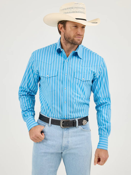 Wrinkle Resist Steely Blue Long Sleeve Western Snap Stripe Shirt