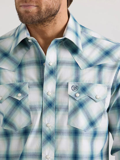 Wrangler Retro Teal Blur Long Sleeve Sawtooth Snap Pocket Shirt