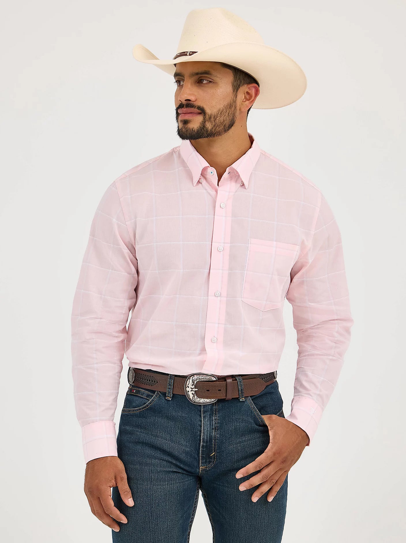 Wrangler Cody Johnson Check Pink One Pocket Button Down Shirt