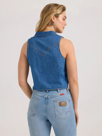 Wrangler Mid Wash Denim Sleeveless Tie Front Shirt