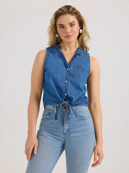 Wrangler Mid Wash Denim Sleeveless Tie Front Shirt