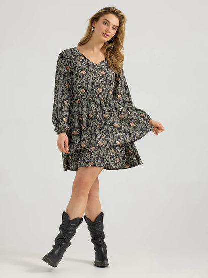 Wrangler Retro Vintage Rose Black Tiered Long Sleeve Dress