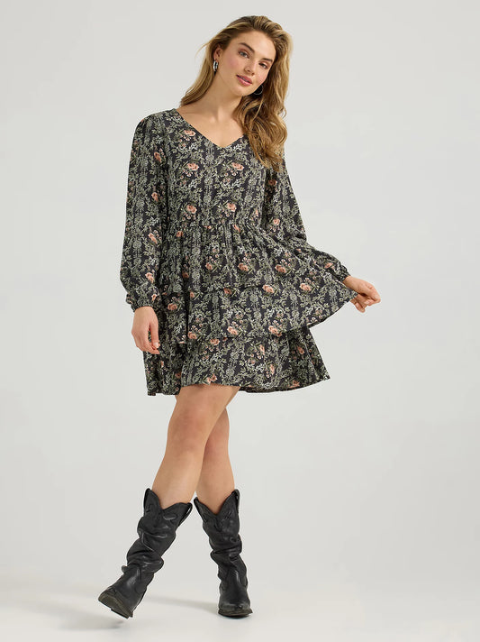 Wrangler Retro Vintage Rose Black Tiered Long Sleeve Dress