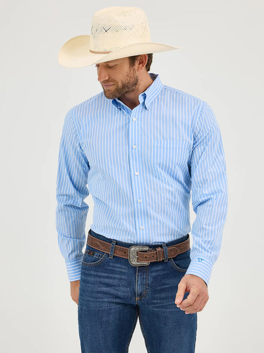Wrangler Cody Johnson Powder Blue Stripe One Pocket Button Down Shirt