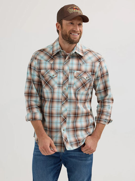 Wrangler Retro Tannin Plaid Long Sleeve Sawtooth Snap Pocket Western Shirt