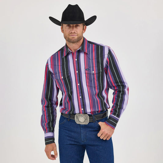 Wrangler Vintage Inspired Brushpopper Purple Multi Stripe Long Sleeve Shirt