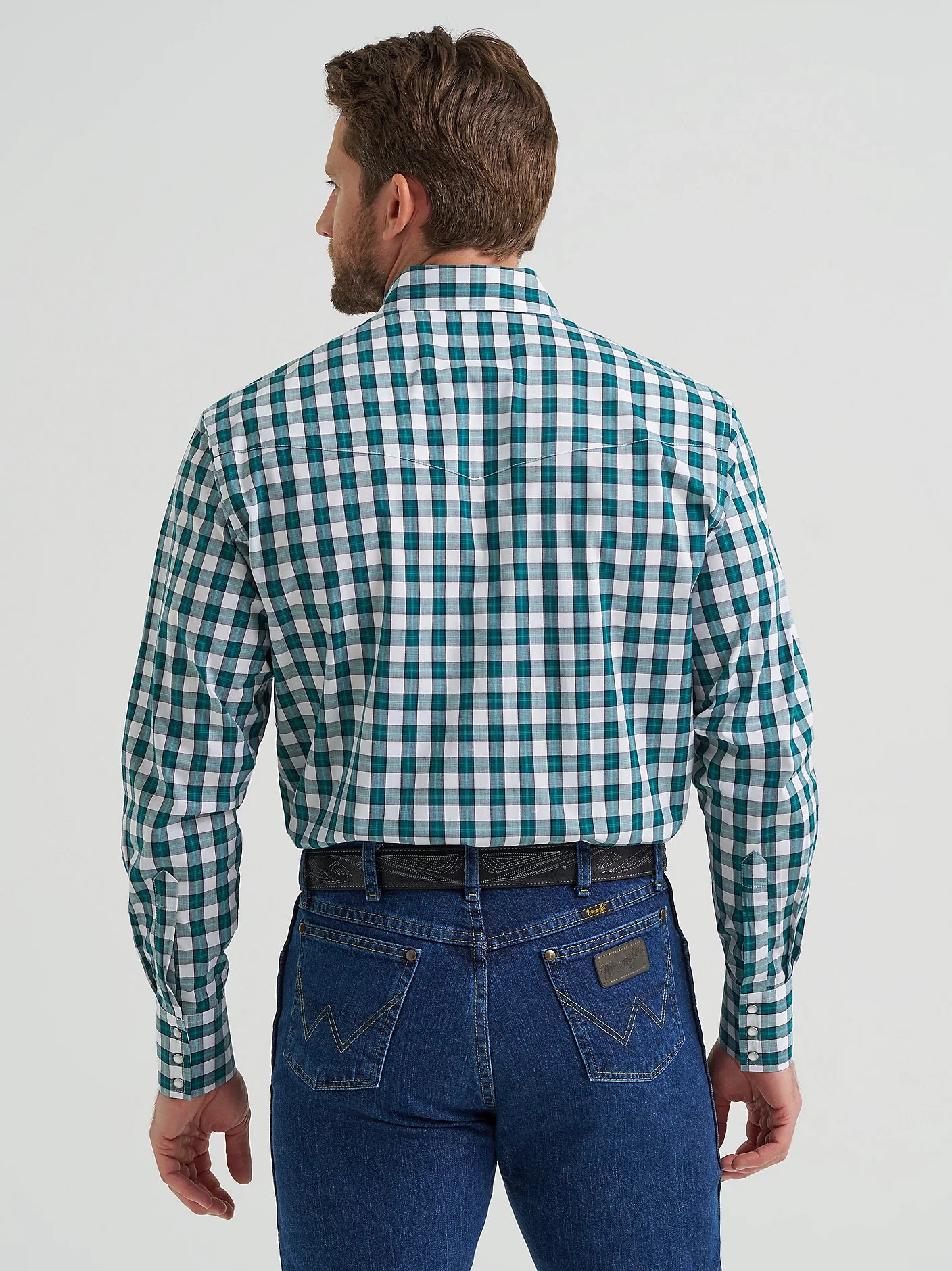 Wrangler Men's Wrinkle Resist Verdant Green Plaid Long Sleeve Snap Shirt