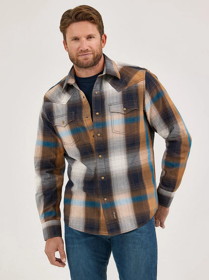 Wrangler Retro Bold Brown Premium Long Sleeve Western Snap Plaid Shirt